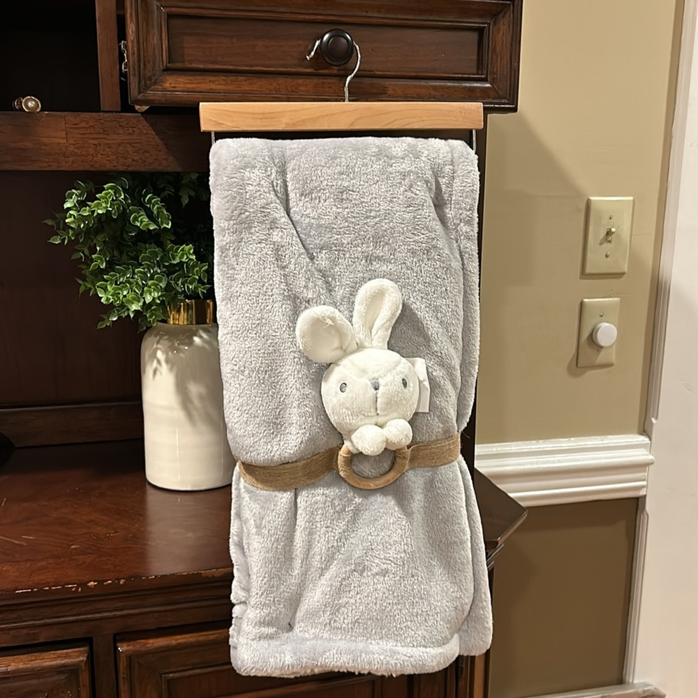 Cozy Gray Baby Blanket with White Bunny Rattle.  NEW